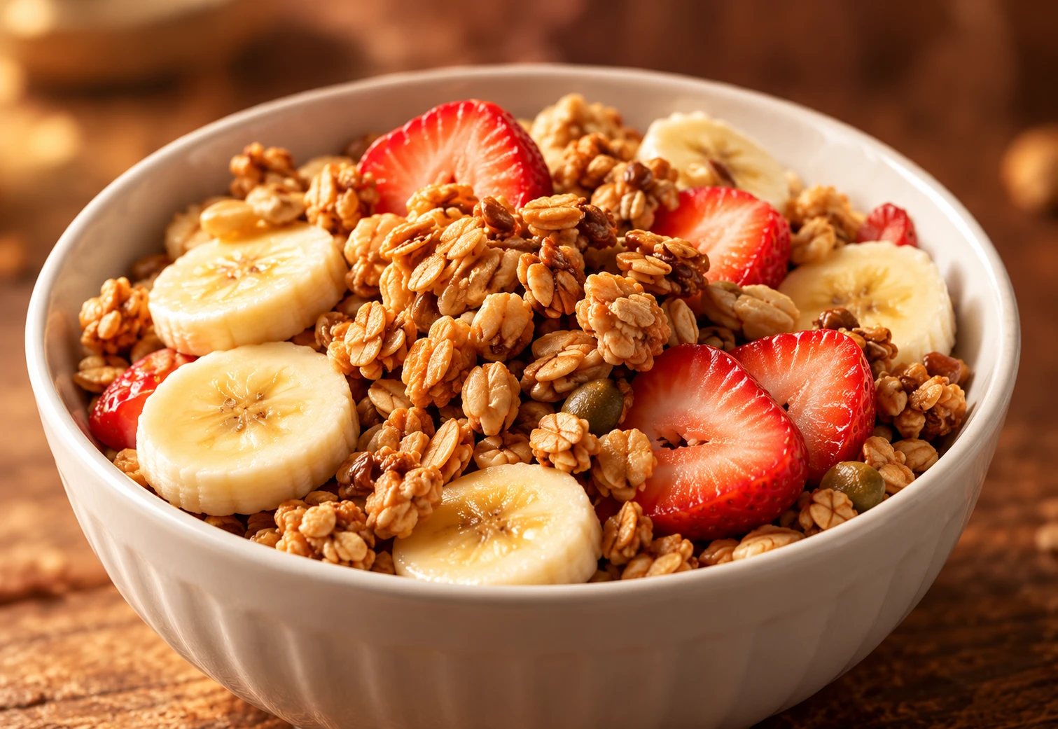 Sugestão de consumo: banana e morango com granola