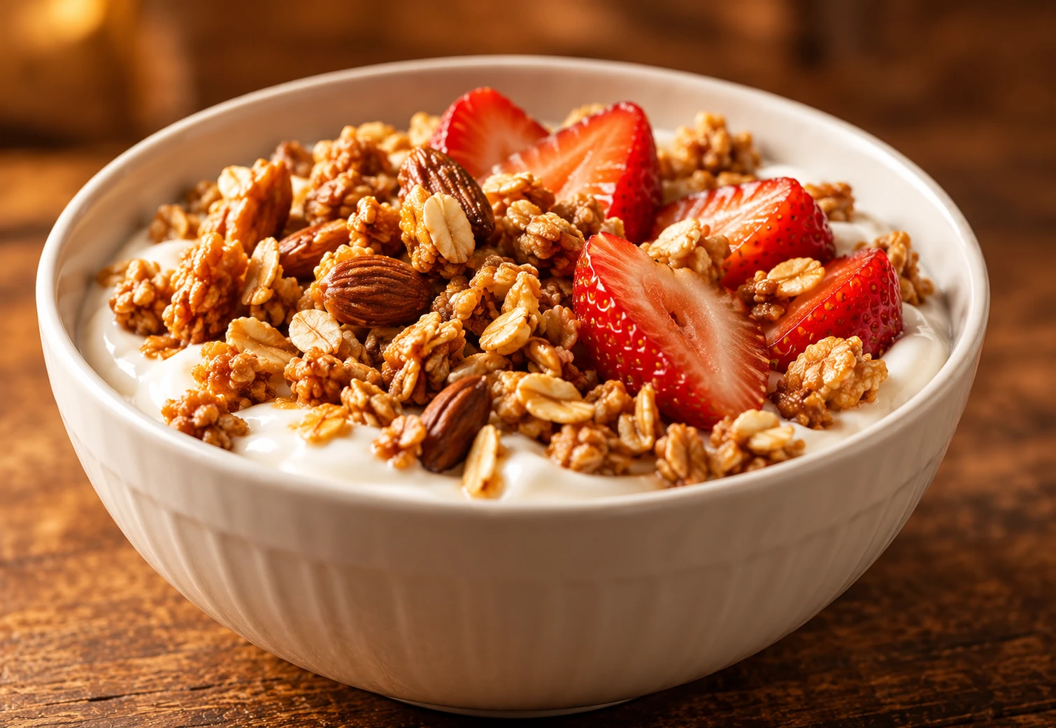 Sugestão de consumo: iogurte com granola e morangos